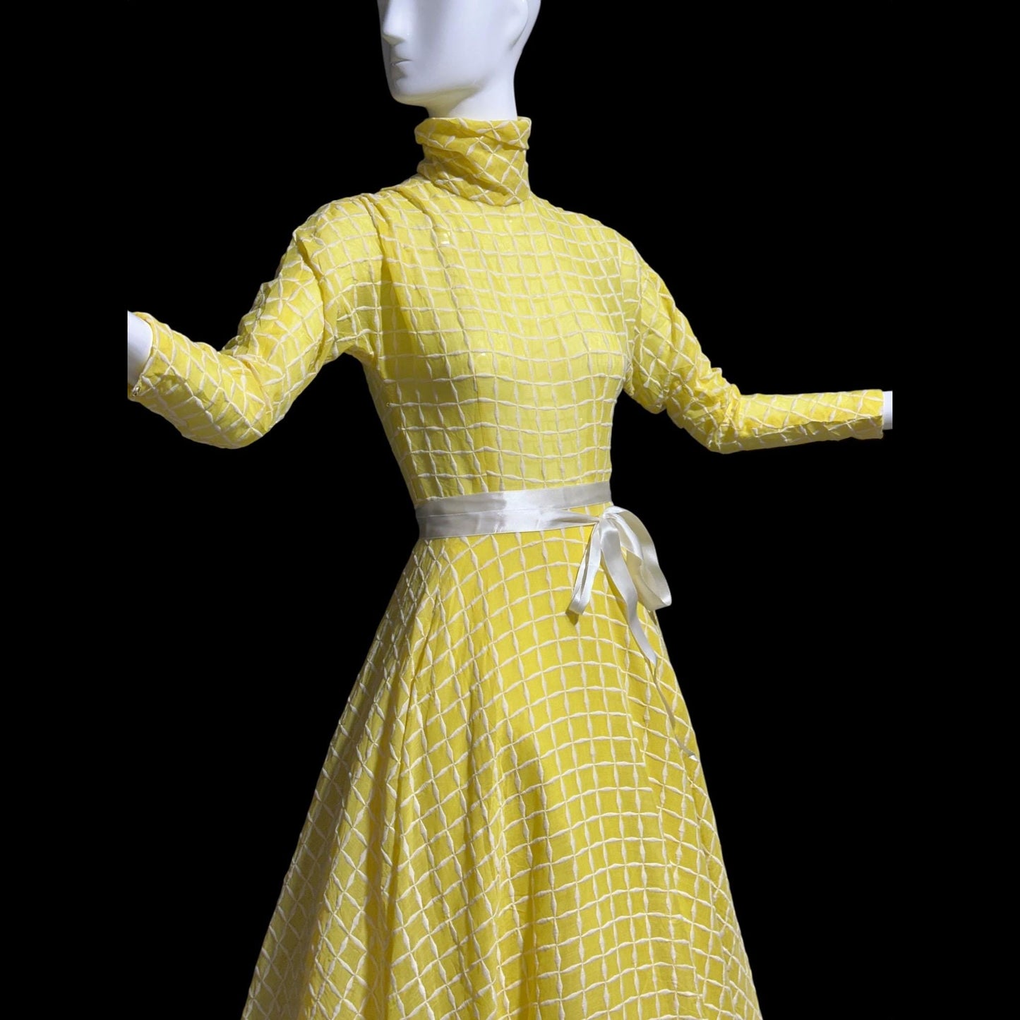 LILLIE RUBIN vintage 1970s evening dress gown, lemon yellow windowpane plaid ball gown