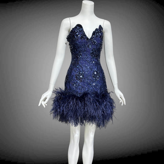 LILLIE RUBIN, vintage 1980s MINI Party Prom cocktail dress, Navy Blue Strapless sequin lace and ostrich feathers