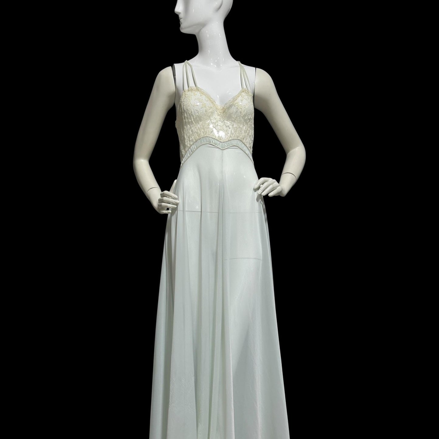1930s Vintage nightgown robe set, sheer and ethereal blue nylon and white lace slip dress and peignoir set