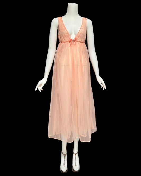 JENELLE vintage nightgown robe set, 1960s Orange Sherbet double layer chiffon peignoir set, Marabou feathers