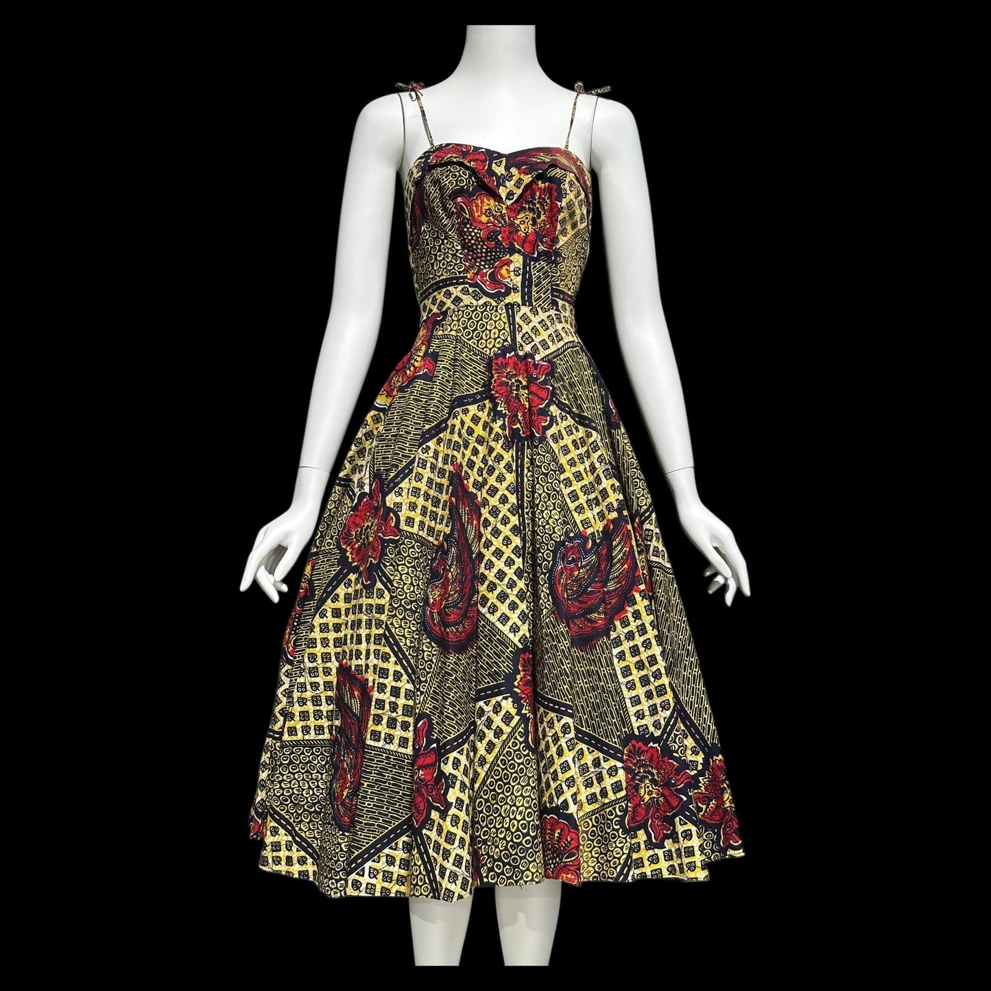 BABS' SHOPPE Kingston Jamaica, vintage 1950s bombshell shelf bust cotton print full circle skirt sundress
