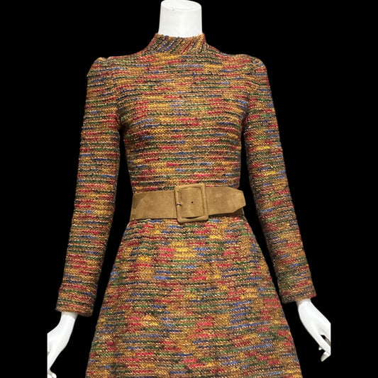 ARNOLD SCAASI vintage 1970s Day Dress, boucle wool & silk high neck dress