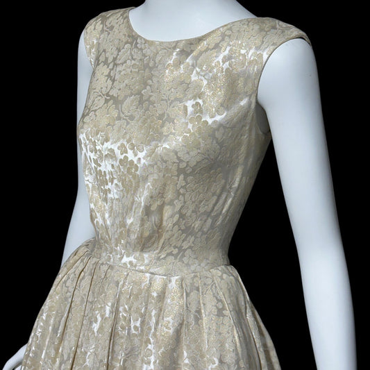 ADORE by Doreen, vintage 1950s dress, shimmering damask cocktail party dress, fit flare pleated dress