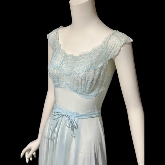 VANITY FAIR, vintage 1950s Nightgown Slip Dress, Sheer Powder Blue Nylon Lace House Dress