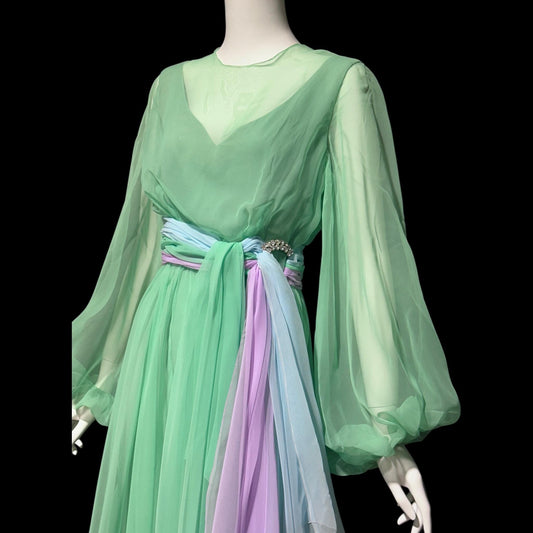 HELEN ROSE, vintage 1970s evening dress, ethereal pastel chiffon green, blue, lavender, sheer chiffon blouson bishop sleeves dress