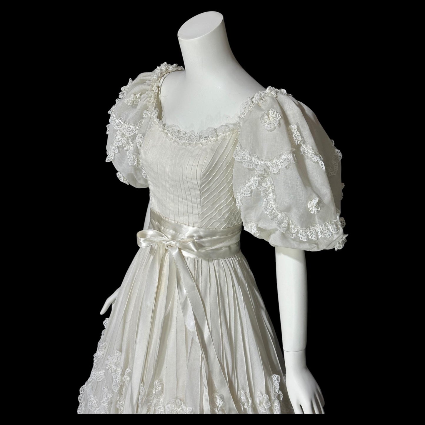 1970s Mexican Wedding dress, White cotton tiered lace ball gown, off shoulder huge Sleeves Bohemian gown