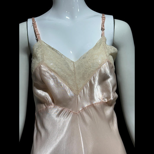 1930s Vintage Peach Slip Dress: Shiny silky Rayon Nightgown lingerie, Lace Trim