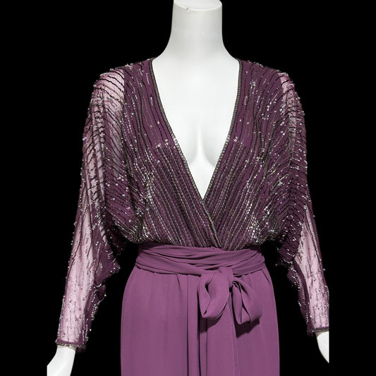 JACK BRYAN vintage evening dress gown, 1970s Aubergine Eggplant Purple chiffon beaded dolman sleeves, Deep V