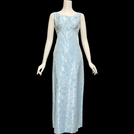 1960s Vintage evening gown and opera coat ensemble, baby blue damask custom mod column dress and duster set