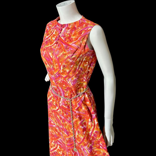 1960s vintage jumpsuit, wide leg flared palazzo pants, hot pink and orange paisley, sleeveless evening summer jumpsuit