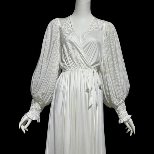 1980s vintage dressing gown robe, Slinky white jersey polyamide wrap front housecoat