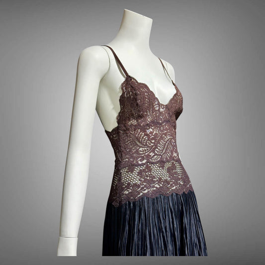 FERNANDO SANCHEZ, vintage 1970s Nightgown, Black and Chocolate lace plisse gown