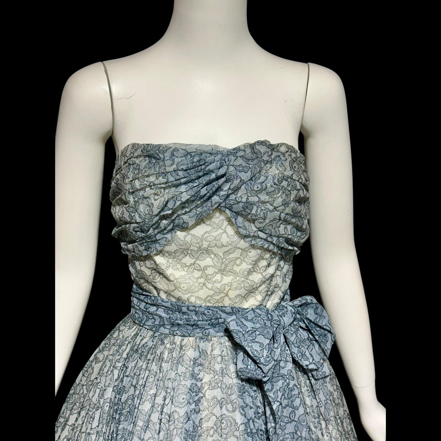 1950s vintage Pleated Party Dress: Slate Blue Grey floral strapless Cocktail Prom Dress