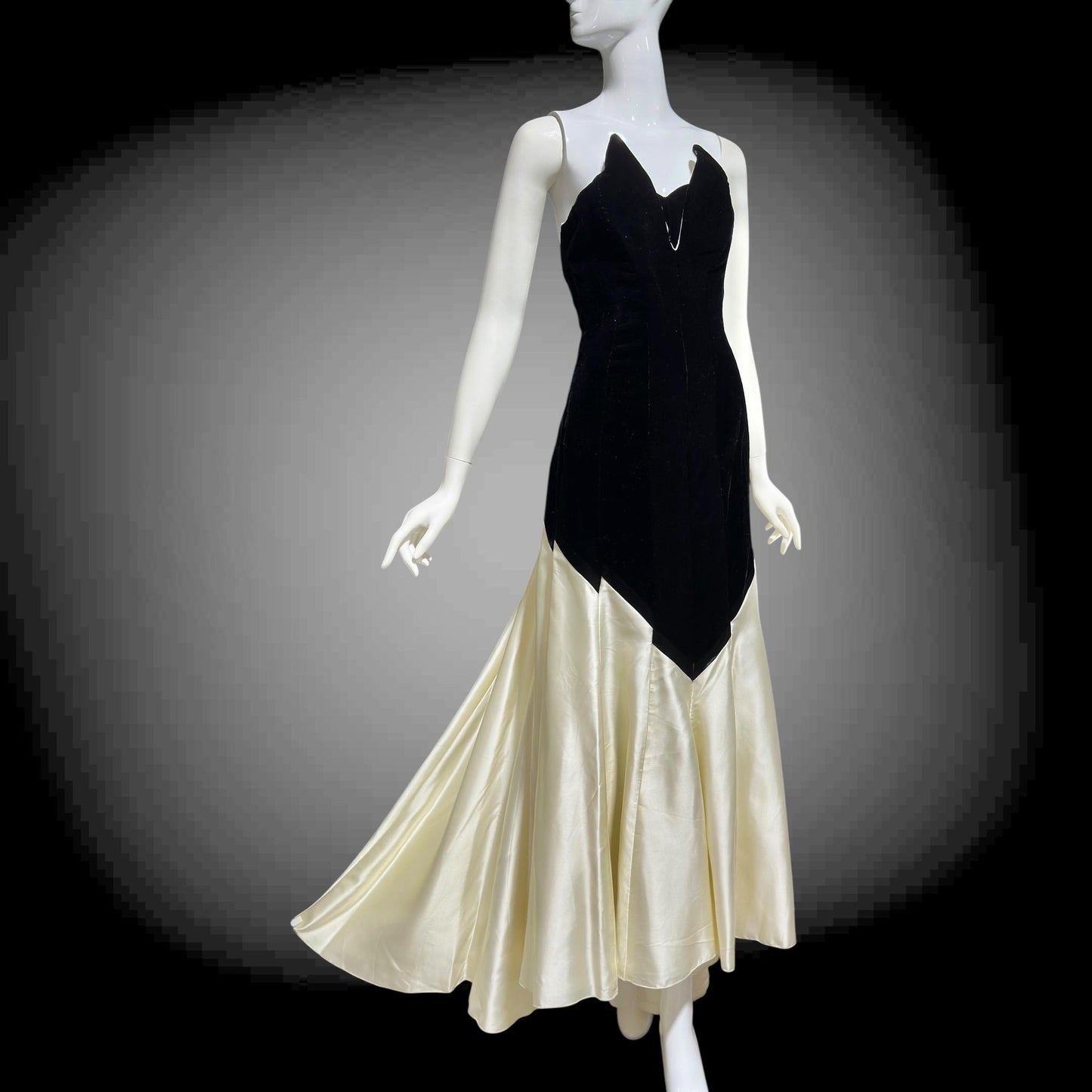 VICTOR COSTA vintage 1970s evening dress gown, Neiman Marcus, black velvet & white satin strapless mermaid gown