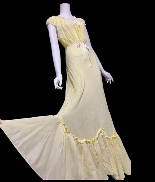 VELMA, vintage 1940s nightgown, butter yellow bias cut rayon slip dress, full length ruffle bottom, cap sleeves