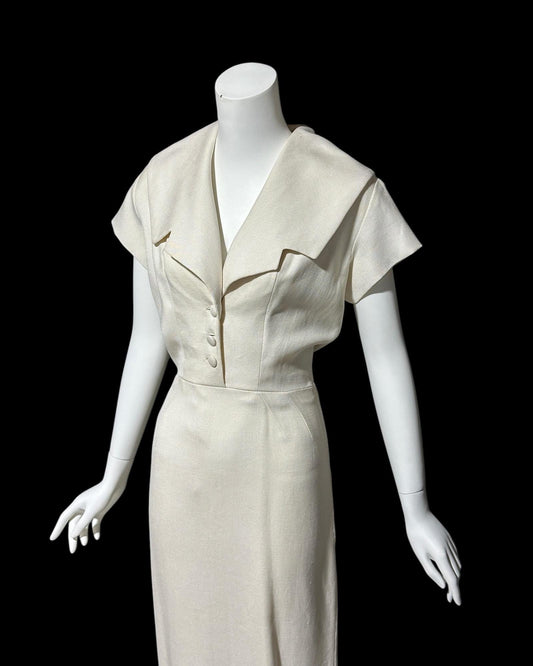 IRENE GALITZINE, vintage 1940s oatmeal linen cocktail day dress