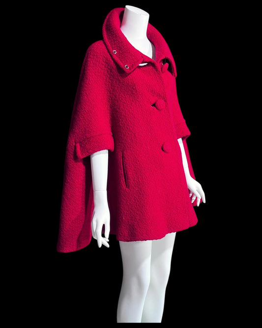 FRANKLIN SIMON, 1960s Mod red swing cape jacket, nubby wool button front car coat
