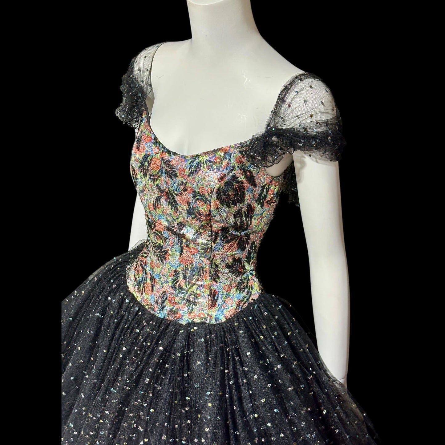 DAVID FIELDEN London, SAKS 1980s Party Dress, Silk Insane Tutu tulle lame party dress