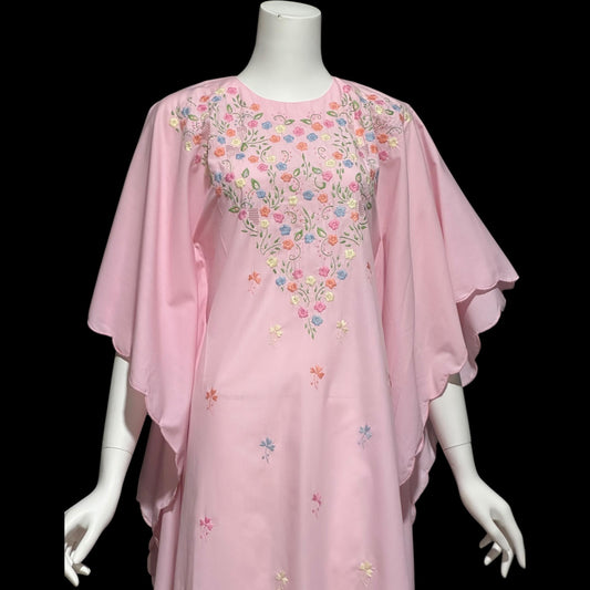 1970s vintage caftan dress, baby pink cotton, embroidered field of flowers, floral and cutwork Kaftan