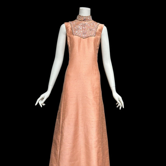 SMART MISS Vintage 1960s evening gown and opera coat ensemble, Peach raw silk high neck beaded mod column dress and duster