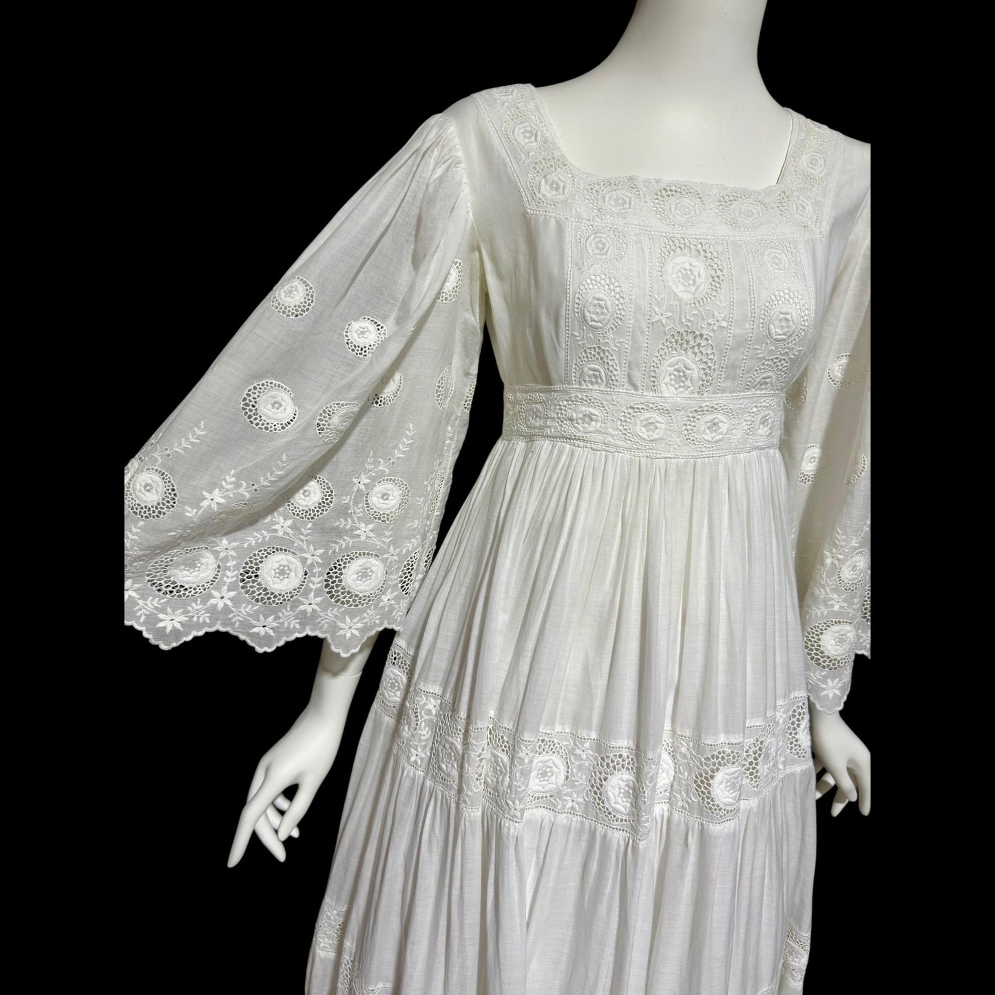 1970s Mexican Wedding dress, White batiste cotton embroidered empire ball gown