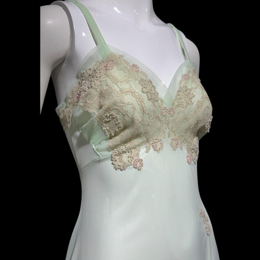 VAN RAALTE MYTH vintage 1950s Nightgown Slip Dress: Pale celadon green Nylon beaded night Dress