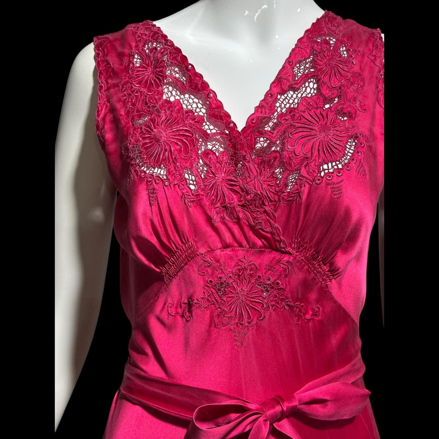 PEONY vintage 1950s Silk Nightgown Slip Dress: Made in SHANGHAI Embroidered Magenta bias cut gown