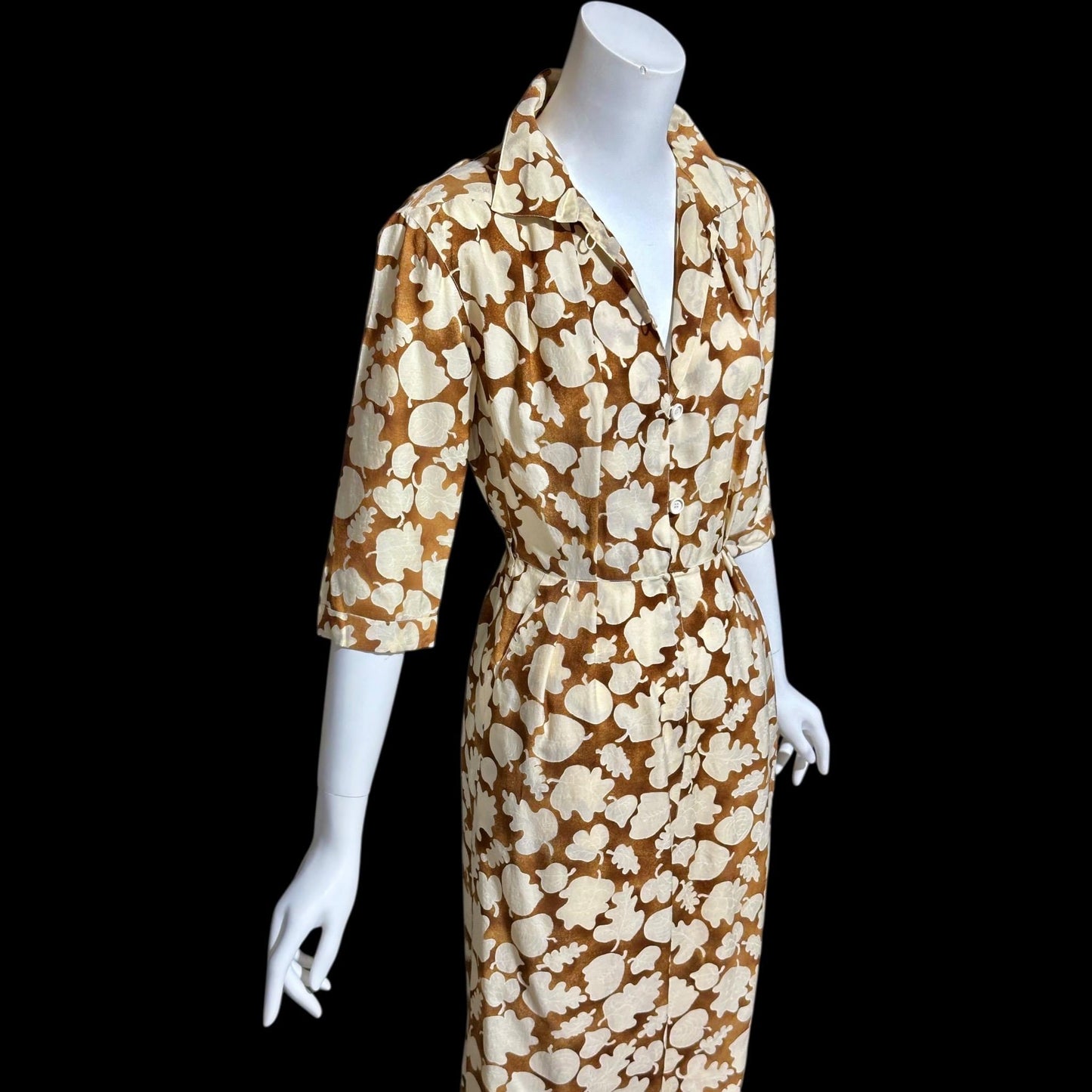 COURREGES vintage 1970s shirtdress, silk blend, nutmeg and cream button front wear to work dress