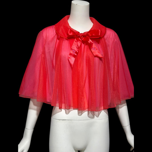 1950s vintage bed night jacket, Cherry Red & Hot Pink double layer chiffon cropped swing style jacket