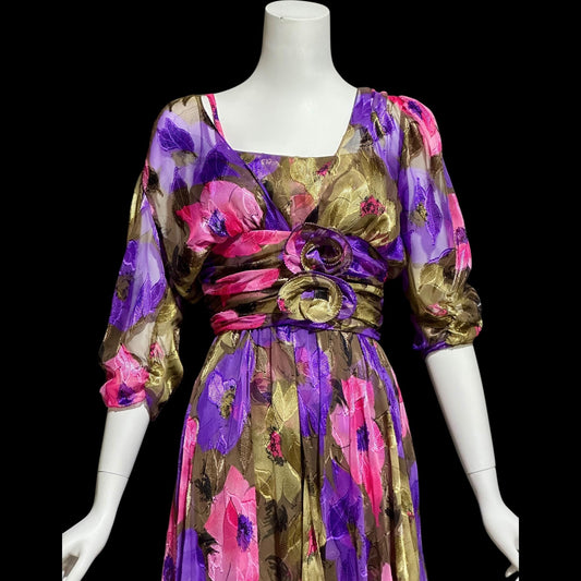 FRANK USHER LONDON, vintage 1980s evening dress, jewel tone floral chiffon with gold metallic
