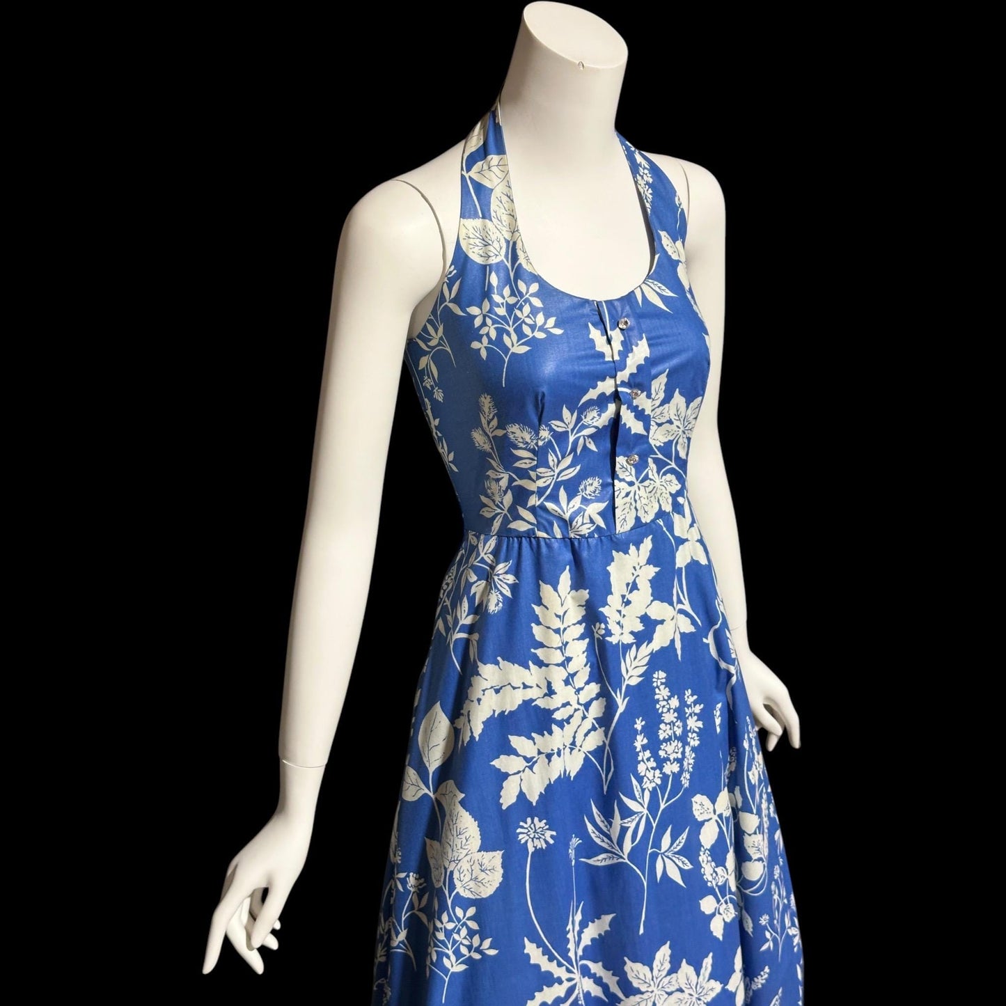 1960s vintage floral maxi dress, Blue white boho hippie halter full ruffle dress, polished cotton summer party sundress