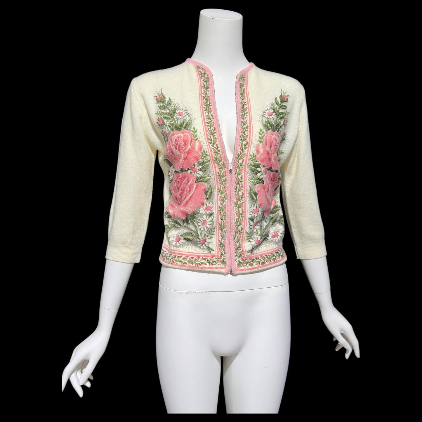 BERNICE CREATIONS, vintage 1950s cardigan, cream and pink rose print acrylic zip front sweater