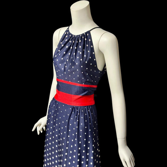 1970s vintage maxi dress, Navy blue and white polka dots, red stripes, halter casual summer party long 4th of July sundress