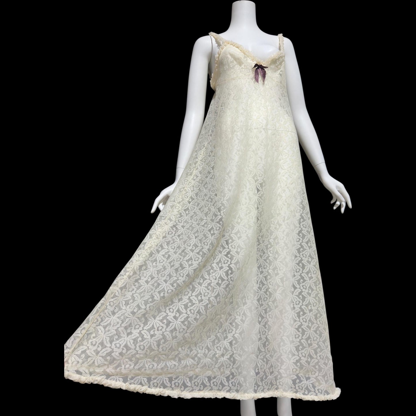 1950s vintage nightgown slip dress, ethereal sheer creamy lace night dress with ruffles