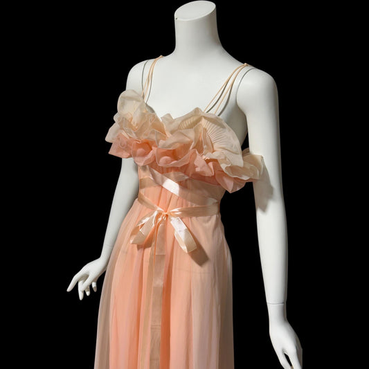 VANITY FAIR, vintage 1950s nightgown slip dress, peaches and cream sheer chiffon ruffles Grecian goddess gown