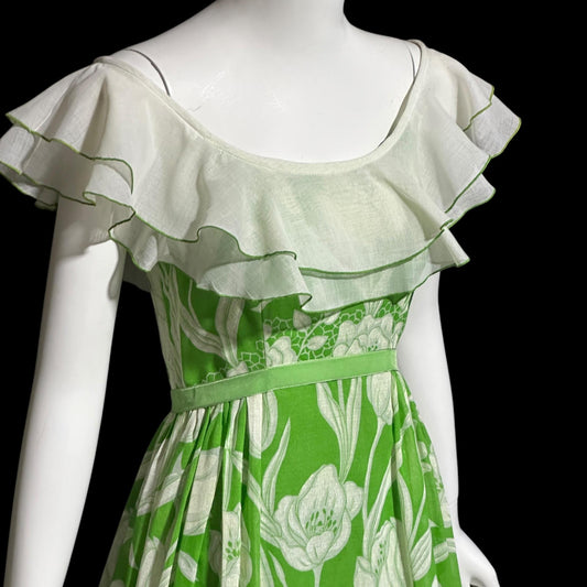 1970s vintage off shoulder maxi dress, Ruffle collar, sheer green and white floral, organza evening party dress