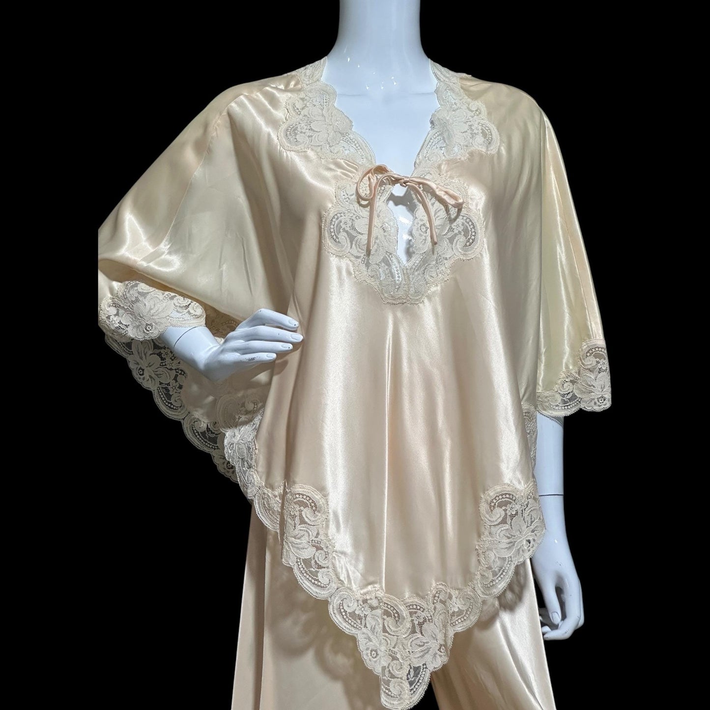 BLANCHE Ralph Montenero, vintage 1970s satin lounging cocktail party pajamas, Poncho Top and wide leg bottom PJ set