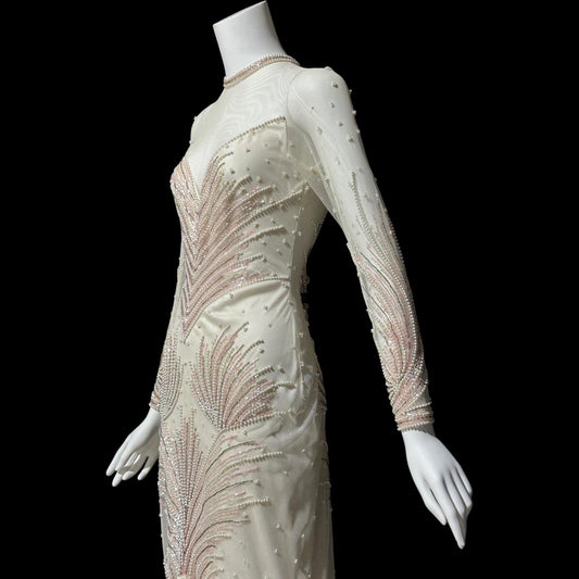 CARLOTA ALFARO, vintage 1980s evening gown, White pink beaded mermaid dress, ruffled bottom, illusion neckline