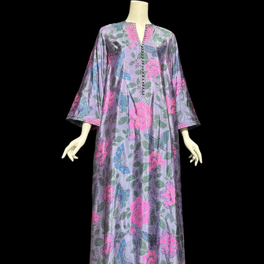 JIM THOMPSON, vintage 1960s Thai Silk caftan maxi dress, dusty blue flowers butterflies Hippie Boho Kaftan