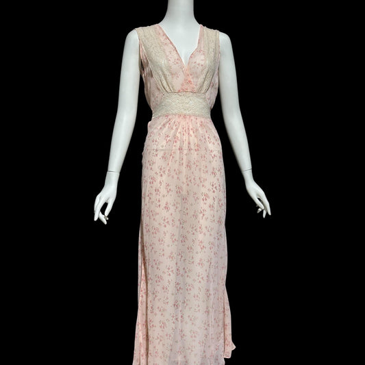 FLOBERT, vintage nightgown robe set, 1930s 1940s FLORAL pink rose buds bias cut sheath slip dress and peignoir set