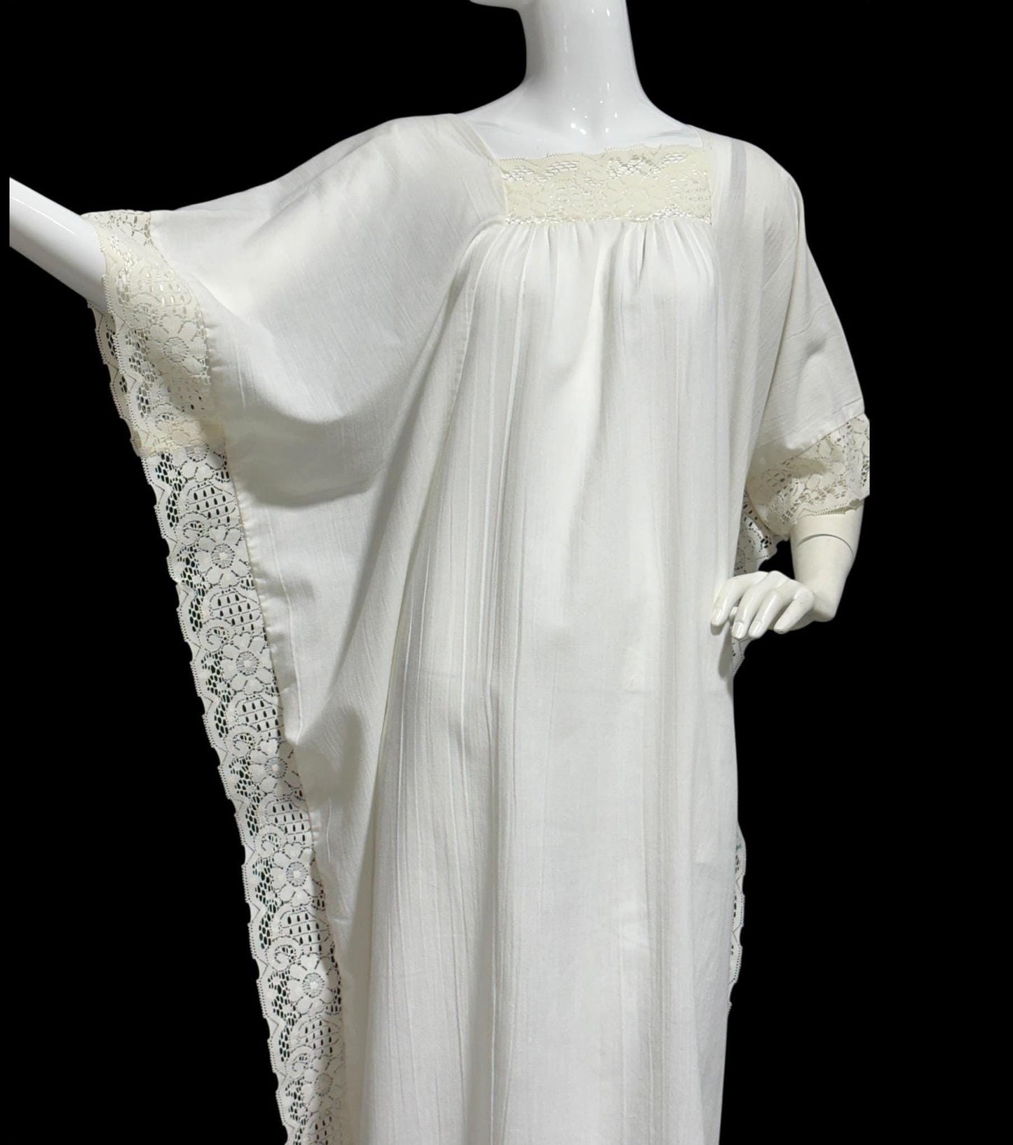 1960s Vintage caftan hostess dress, white crinkly cotton kaftan loose house dress