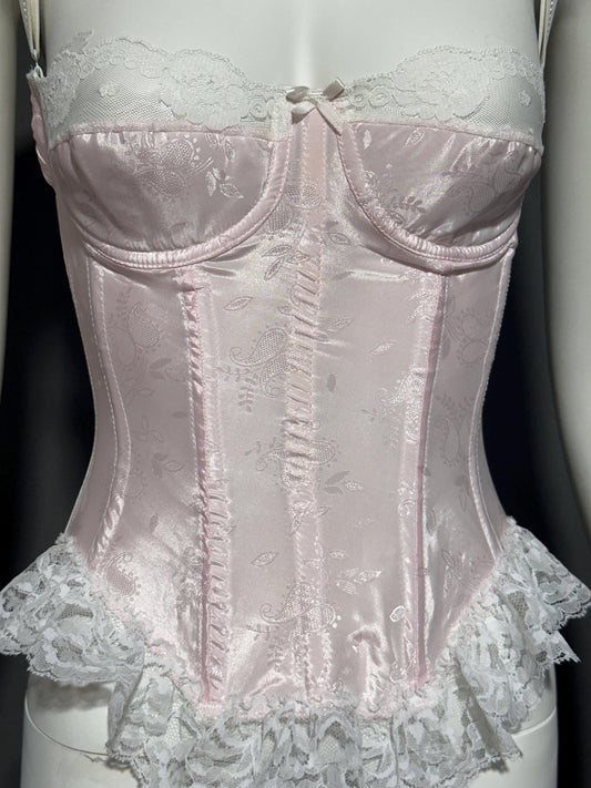 SABRINA, Vintage 1970s pink satin bustier, pink embossed satin with white lace