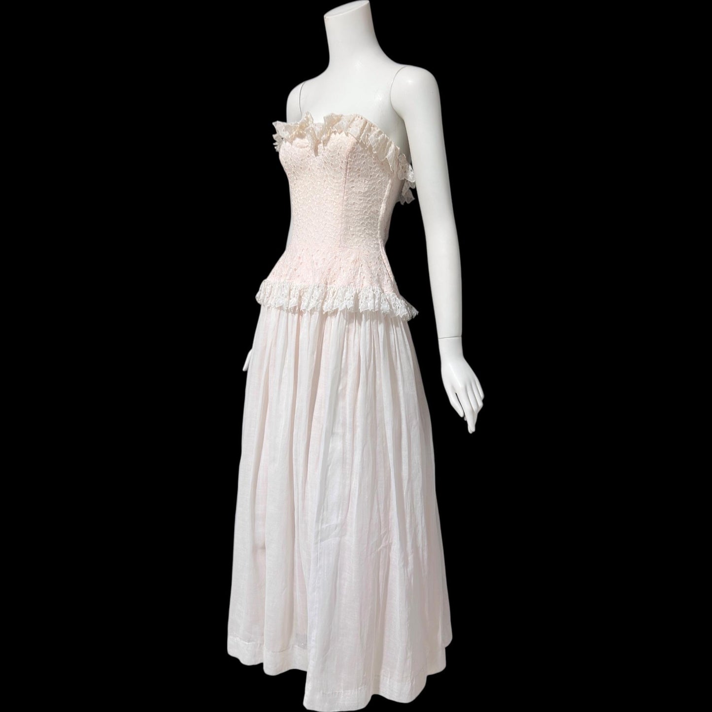 1940s vintage dress gown, soft petal pink and white cotton eyelet, with white organdy evening wedding gown