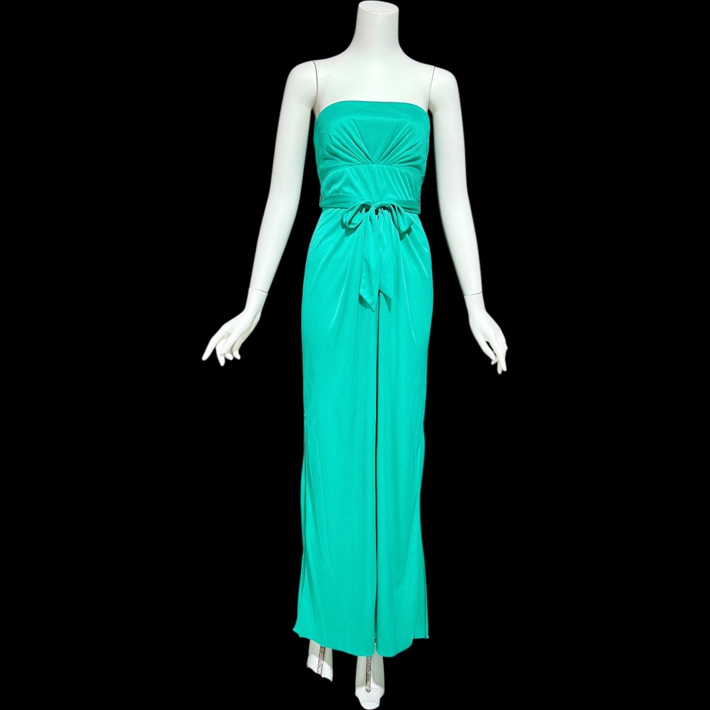 ESTEVEZ evening dress, vintage 1970s teal green jersey knit gown, Studio 54 cocktail disco party dress