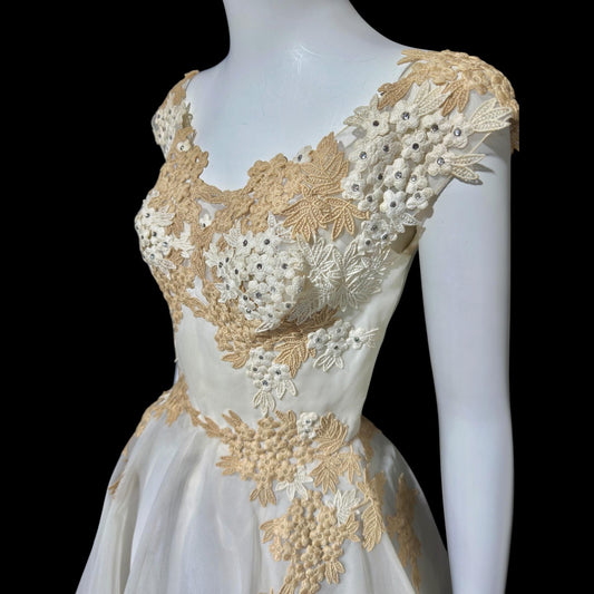 PEGGY HUNT, vintage 1950s dress, white and ecru lace rhinestones fit and flare cocktail party formal wedding dress, 34 bust