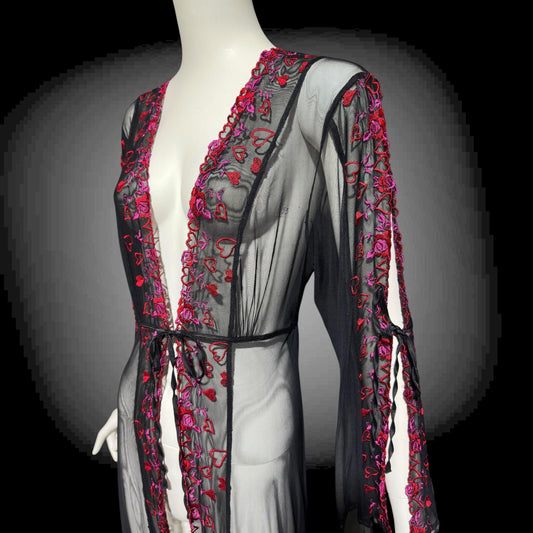 JACALYN BENNETT, Vintage 1990s lace mesh robe, FREDERICK'S of Hollywood, sheer black mesh dressing gown