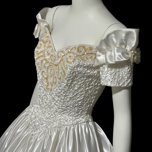 MIKE BENET, vintage 1980s evening dress, shiny white satin sequins prom wedding ball gown