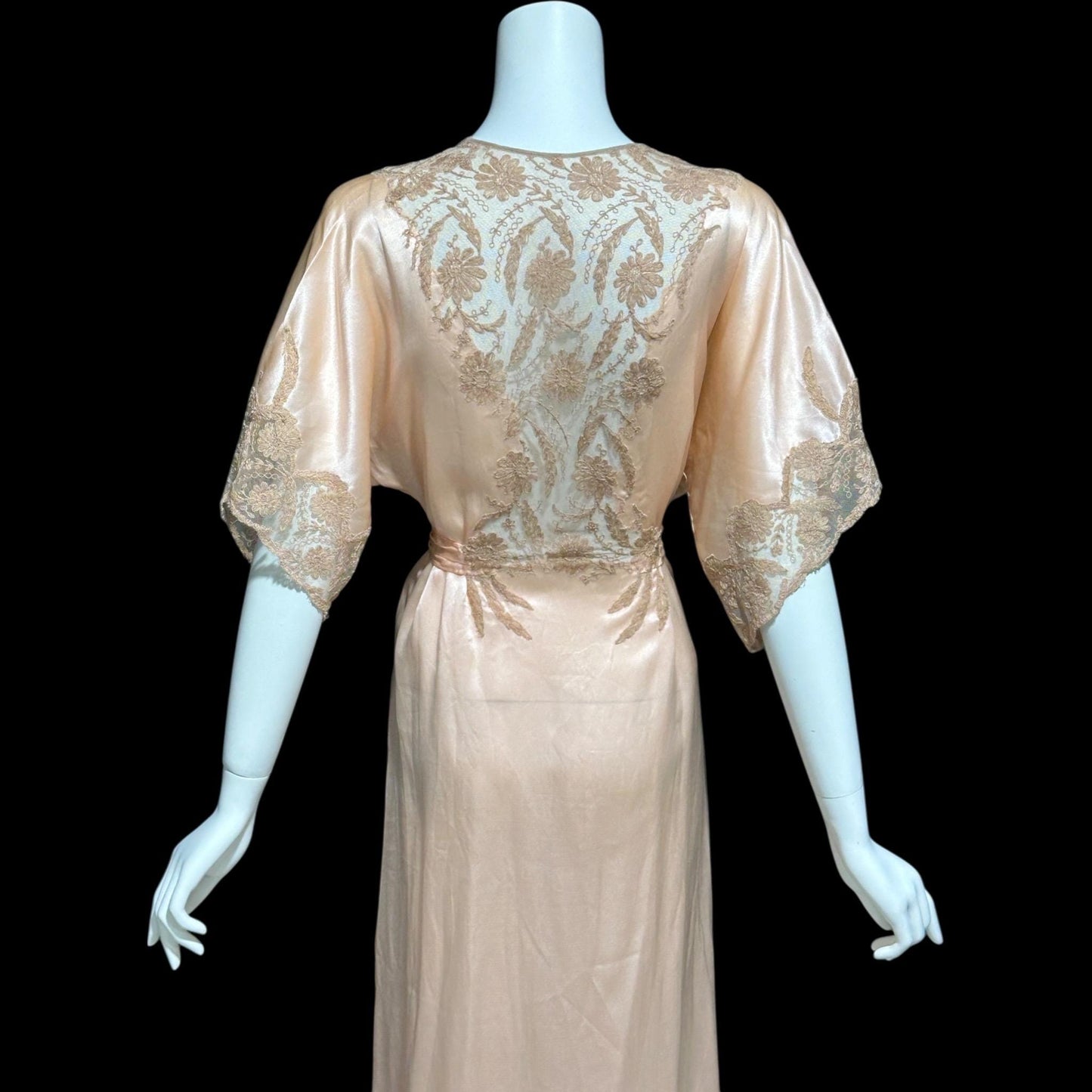 1930s vintage dressing gown robe, Shimmering Peach silk with amazing lace, wrap front house coat