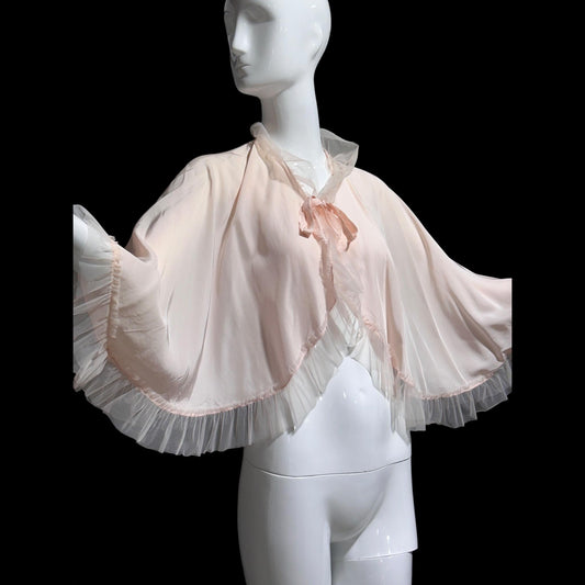 1930s antique vintage pale pink bed jacket, Ruffled satin bed cape robe, one size