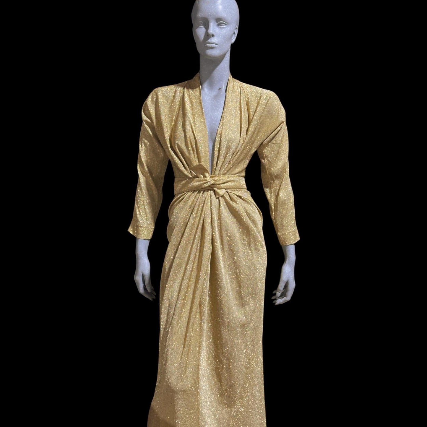 vintage 1970s evening dress gown, MARSHALL FIELD's DORIAN Metallic gold lurex knit goddess gown, Studio 54 disco party dress, very Halston
